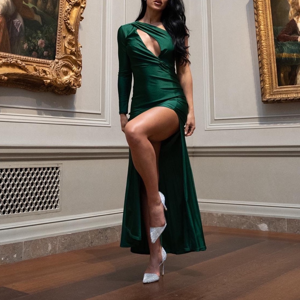 One Shoulder Long Stretch Green Maxi Formal Dress